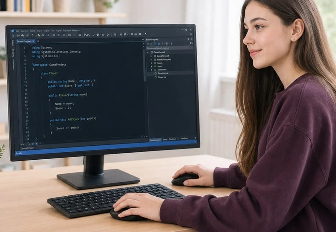 Alumna programando en C# durante una clase