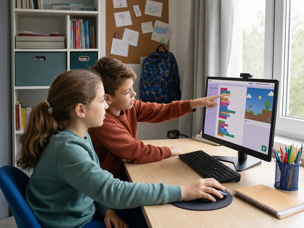 Dos niños programan un videojuego en Scratch durante una clase online